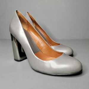 ZARA Grey Leather Pumps With Chrome Metallic Block Heel